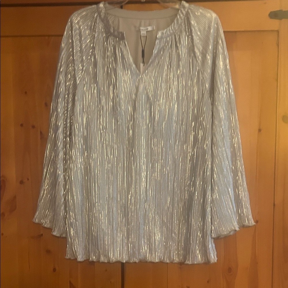 Chico's Shimmery Silver Pleated Long-Sleeve Tunic